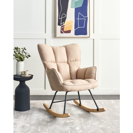 Poltrona A Dondolo In Tessuto ELMINA II Beige - Stile Scandinavo, Piede In Legno