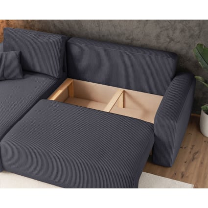 Canapé D'angle Panoramique Convertible Vella En Velours Côtelé Gris