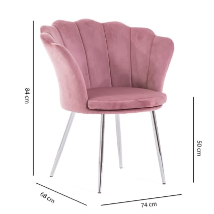 Poltroncina a conchiglia in velluto rosa e gambe argento Shelly