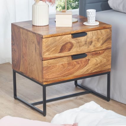 Nachttisch für Boxspringbett mit 2 Schubladen aus Sheesham, Braun