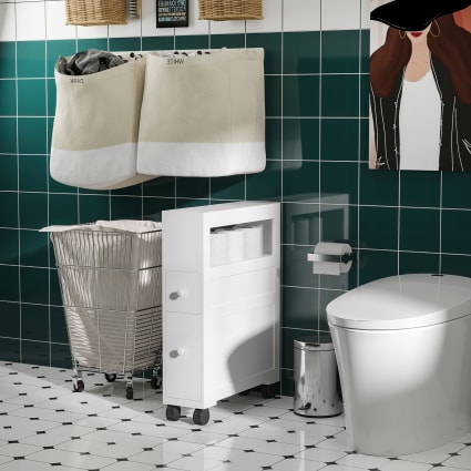 HOMCOM Meuble De Salle De Bain Avec Support Papier Toilette Rangement Avec Barre Amovible 3 Niveaux + Sortie Papier, 21l X 17P X 78H Cm, Bambou Et Bois Blanc