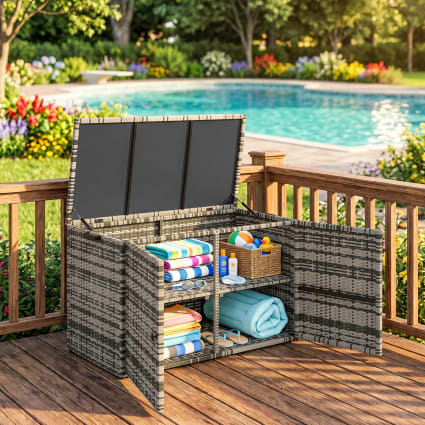 Coffre Jardin Résine Tressée Outsunny 66L - Dessus Acacia Table, Vérin Gaz, Résistant UV, Gris - Rangement Extérieur Balcon Terrasse