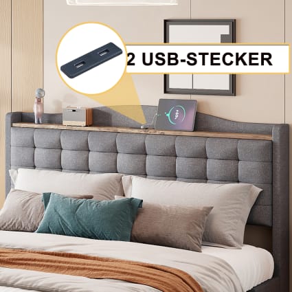 Cama king size tapizada en lino gris con cajones (160*200 cm