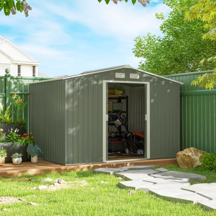 Gecheer Abri De Jardin 257x489x181 Cm Métal Gris, Remise De Jardin Avec Porte Coulissante, Solution De Stockage Extérieur Cabane De Rangement à Outils