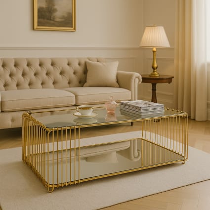 Tavolino da salotto in vetro e acciaio oro 120x60cm Wire double