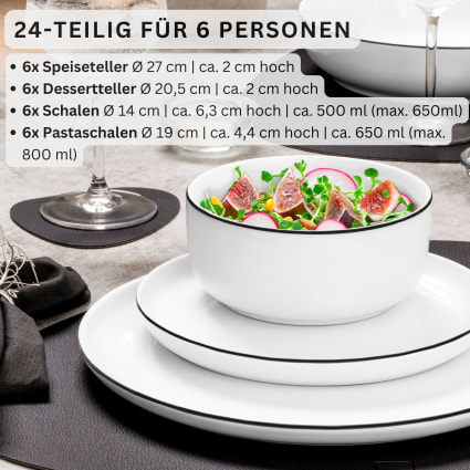 24-teiliges Tafelservice aus Porzellan, weiß Marlo black rim