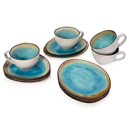 12-teiliges Kaffeeservice aus Steingut, blau Capri