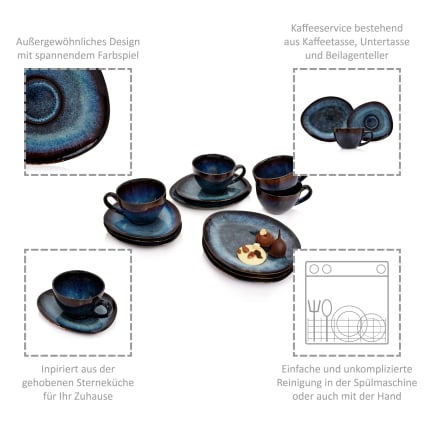 12-teiliges Kaffeeservice aus Steingut, blau Tokio