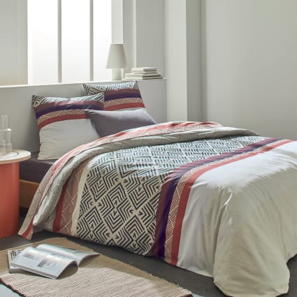 Housse De Couette 200x200 Cm En Polycoton Doux - Motif Grain De Bois Orange Et Gris - Parure De Lit 3 Pièces Avec Taies D’oreiller