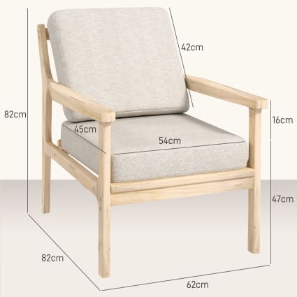 Fauteuil Scandinave HOMCOM Avec Accoudoirs Et 2 Coussins Amovibles - Tissu Effet Lin, Pieds En Bois - 62x82x82 Cm, Beige