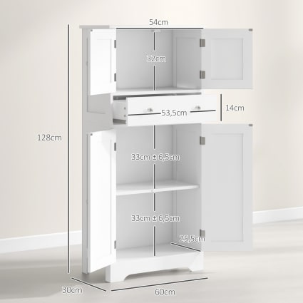 Armoire De Cuisine HOMCOM Blanc - 60x30x128 Cm, Placards Et Tiroir, étagères Réglables - Meuble Rangement Salon/salle à Manger