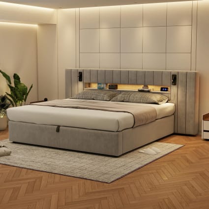 Bettgestell mit Stauraum und LED, Samt,Grau | Maisons du Monde