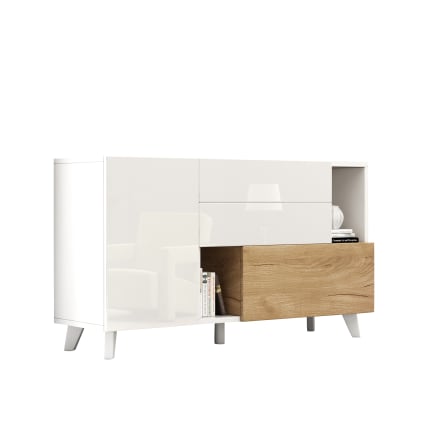 Sideboard in Hochglanz-Holzoptik mit 2 Nischen und 2 Schubladen,Weiß