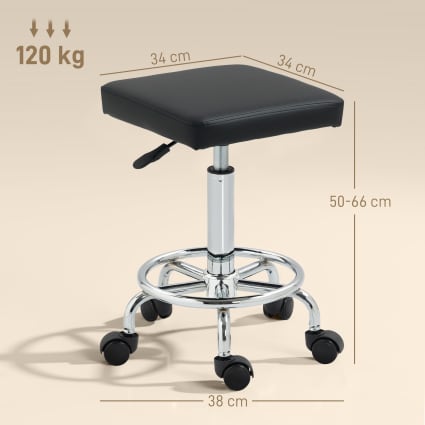 Tabouret à Roulettes Carré Réglable En Hauteur - Noir, Pivotant 360°, Support 113 Kg, Pour Salon, Bureau, Spa