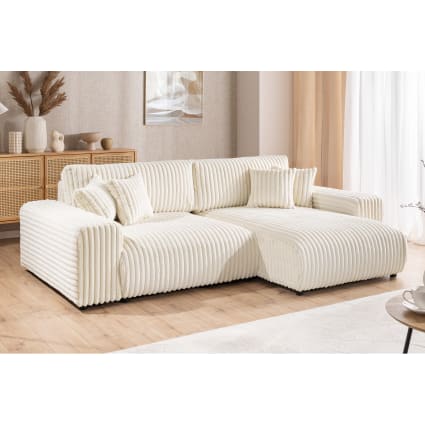 Ecksofa mit Schlaffunktion und Bettkasten aus Plüschcord Mollis