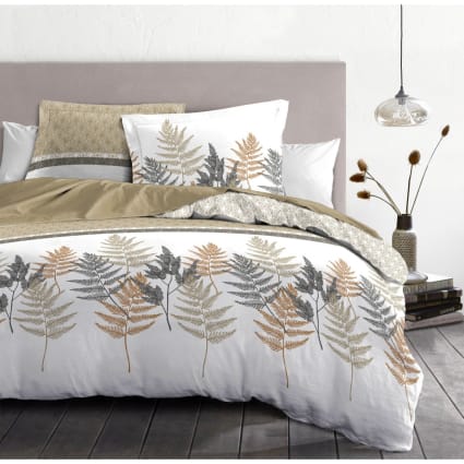 Parure De Couette 240x260 Cm – 3 Pièces Percale Coton – Blanc Et Beige – Modèle L'élégante