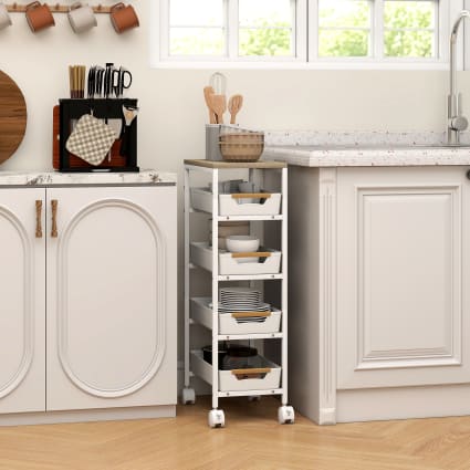 HOMCOM Desserte De Cuisine Sur Roulettes – Chariot Multi-Rangement Avec Casier à Vin, Tiroir, Placard, Étagères, Blanc Et Bambou