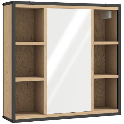 Armoire Salle De Bain Avec Miroir - Meuble Mural à étagères Réglables, Finition Chêne Et Acier Noir - 11