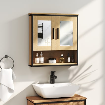 Armoire Salle De Bain Avec Miroir - Meuble Mural à étagères Réglables, Finition Chêne Et Acier Noir - 9