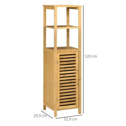 Armoire Salle De Bain En Bambou 60x30x120cm - 2 étagères Ouvertes, Portes à Lattes, Rangement Compact