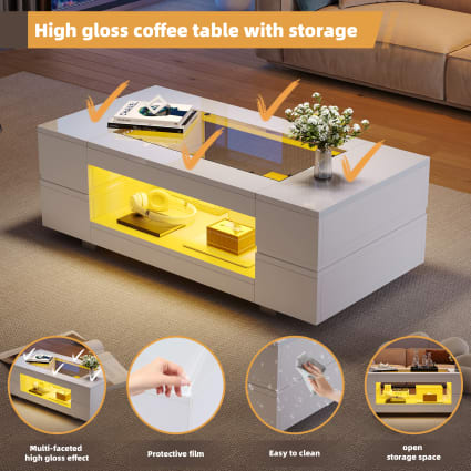Table Basse Blanche Brillante Avec LED Et 4 étagères En Verre | Dimensions 100x50x35 Cm, Tiroir De Rangement | Design Moderne Pour Salon/chambre