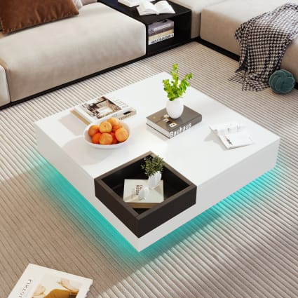 Table basse blanche moderne avec éclairage LED, plateau brillant, 120 x 50 x 38,5 cm