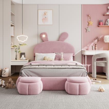 Kaninchenförmiges Bett 140x200 cm mit 2 Sitzbank aus Samt, rosa