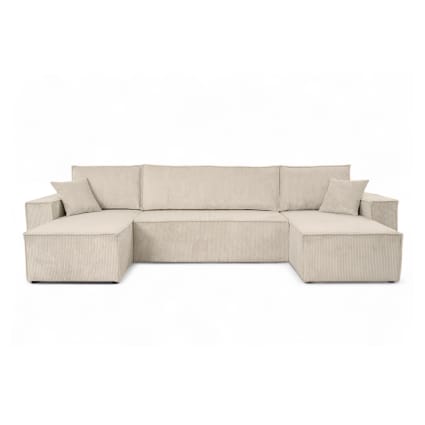 Canapé d'angle panoramique convertible 6 places velours côtelé beige Farah | Maisons du Monde