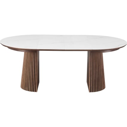 Ada - Table à manger ronde extensible en céramique effet marbre / bois foncé