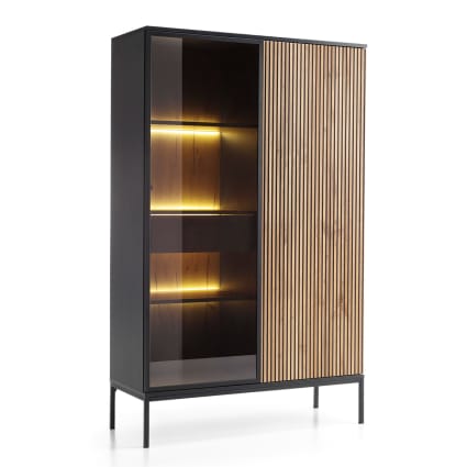 Vitrine mit Beleuchtung aus Holz, 104x39x166cm, schwarz / Wotan Eiche Sento