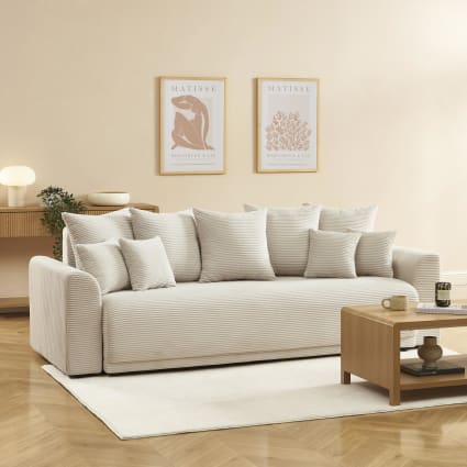 Canapé droit convertible en velours côtelé 3 places beige Soline | Maisons du Monde