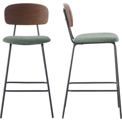 Lot de 2 tabourets de bar en velours côtelé vert kaki Dany