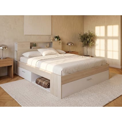 Lit avec tête de lit rangements et tiroirs - 160 x 200 cm - Coloris : Naturel + Sommier - LEANDRE | Leroy Merlin