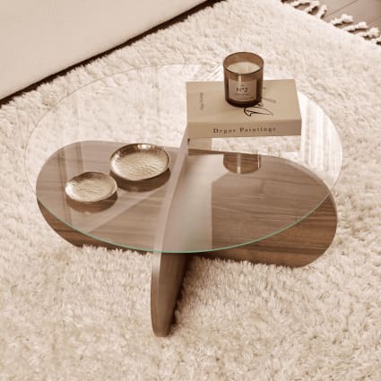 Mesa de centro con tablero de vidrio D75 cm Efecto Nogal Aeris