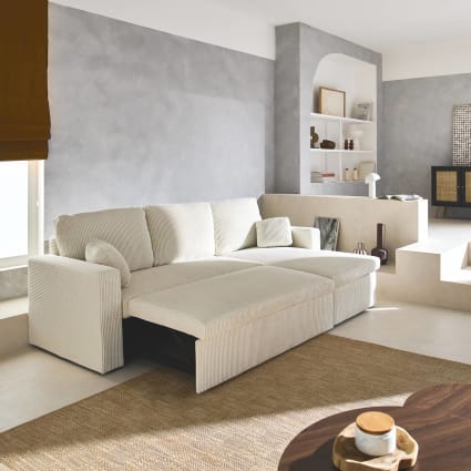 Canapé d'angle velours côtelé grosse côte crème Ida | Maisons du Monde