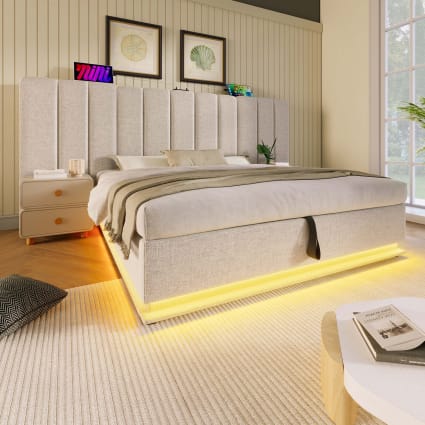 Lit Double 160x200 Avec Rangement Et LED | Cadre Bois Chêne Et Dossier Velours Beige - Sans Matelas