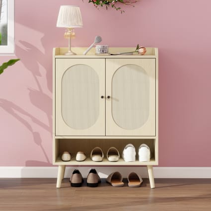 Banc à Chaussures Avec Rangement - 60 X 30 X 50 Cm - Couleur Blanc Et Doré - Portes Et étagère Amovible - Capacité 100 Kg - Pour Entrée, Couloir, Salon - 10