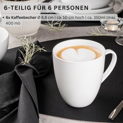 6er Set Kaffeebecher aus Porzellan, weiß