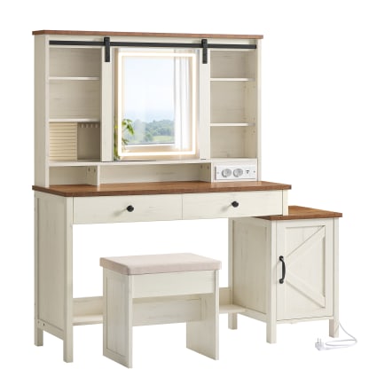 Coiffeuse avec miroir et éclairage avec tabouret multiprise blanc