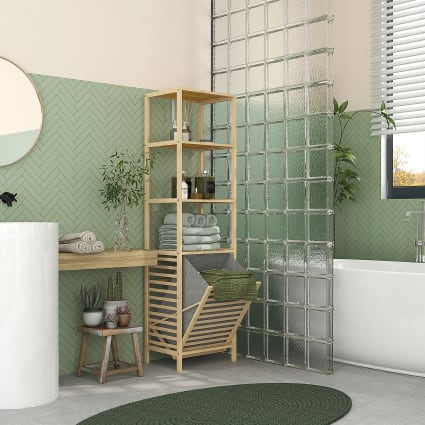 HOMCOM Mobile Bagno Con Cesto Per Biancheria – Porta In Bambù, Design Ventilato, Perfetto Per Organizzare Asciugamani E Vestiti