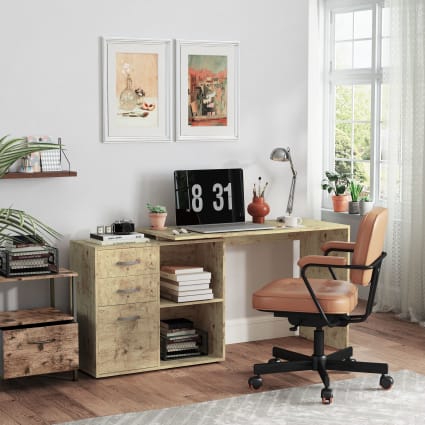 Scrivania con Cassettiera Tavolo Porta Pc Computer Acciaio Legno Ufficio Quercia