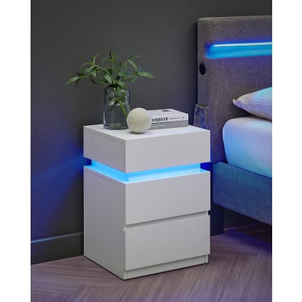 Comodino Haloyo® con 2 cassetti e LED a 16 colori, comodino, tavolino per telefono, prese CA, per soggiorno, camera da letto, ufficio, 40x35x52cm, bianco