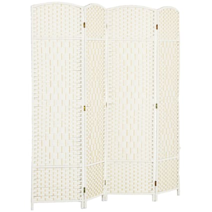 Paravent 4 Panneaux HOMCOM 181 X 180 Cm – Séparateur De Pièce Pliant Avec Étagères, Style Tressé Bois Et Bambou Blanc Paille