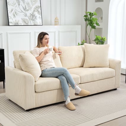 Canapé 3 Places Avec Repose-pieds – Velours Côtelé Beige, 192 Cm – Tabouret Rangement – HOMCOM