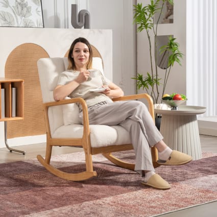Poltrona A Dondolo Sedia A Dondolo HOMCOM Minimal - Legno Di Caucciù Con Cuscini Pile, Bianco Crema 60x81x71 Cm Sedia Soggiorno Design Minimal - 5