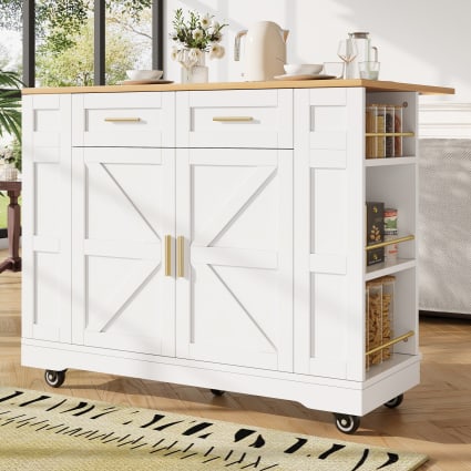 Îlot Central Cuisine Avec Rangement - 150x65x75cm, Plan De Travail Pliable, Prises Intégrées - Blanc - 9