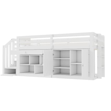 Kinderbett aus Holz 90x200 cm, weiß mit Treppe und Stauraum
