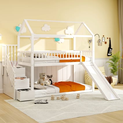 Letto a soppalco legno bianco 90x200 cm scivolo e scaletta