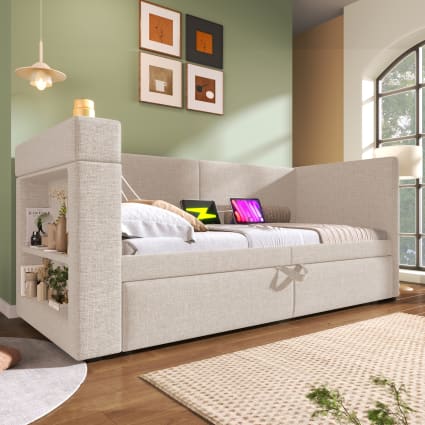 Kinder schlafsofa leinenmix 90x200 cm, beige mit ausziehbett