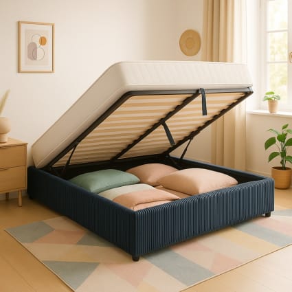 Letto contenitore in velluto a coste blu notte 160x200 cm Cancun